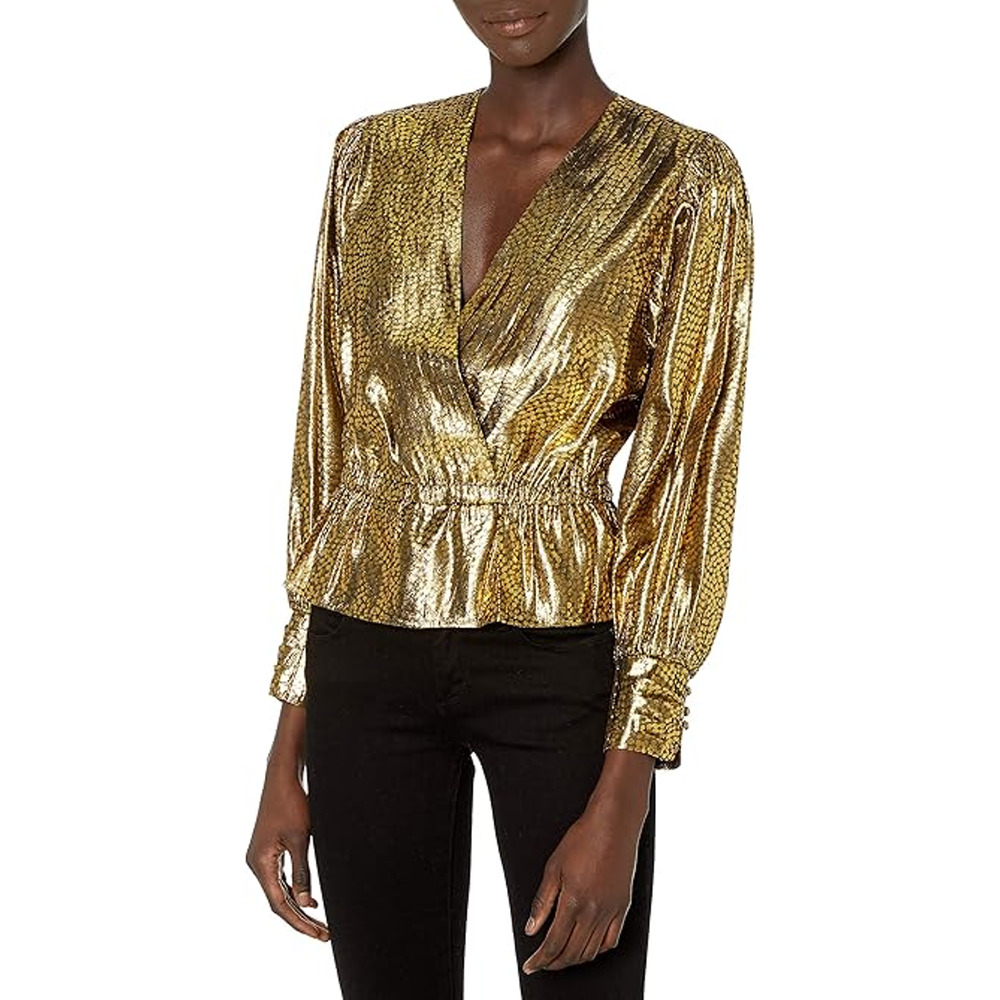 Joie Womens Nadeen Gathered Top Peplum Pleated V-Neck Metallic Gold Size XS NWT